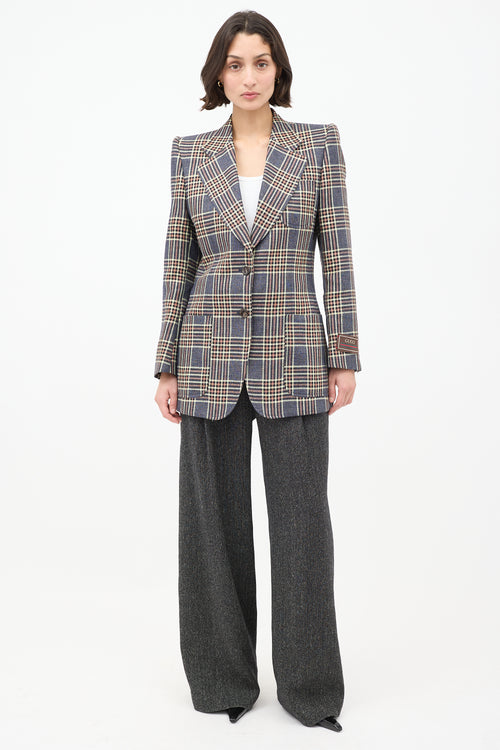 Gucci Blue 
Multicolour Linen Plaid Strong Shoulder Blazer