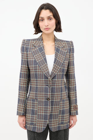 Gucci Blue 
Multicolour Linen Plaid Strong Shoulder Blazer