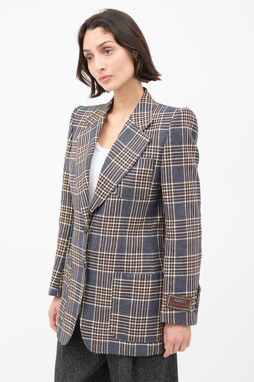 Gucci Blue 
Multicolour Linen Plaid Strong Shoulder Blazer