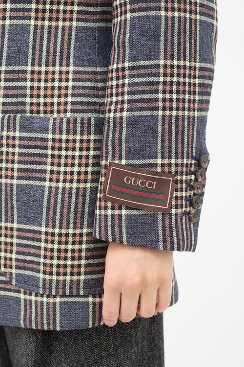 Gucci Blue 
Multicolour Linen Plaid Strong Shoulder Blazer