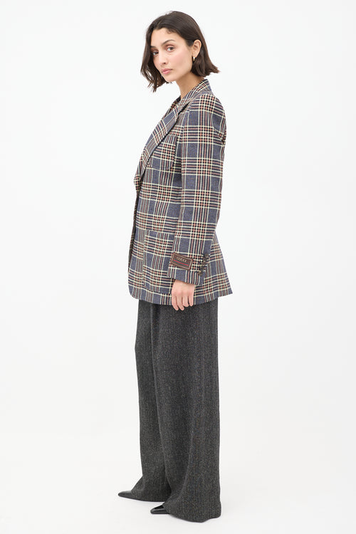 Gucci Blue 
Multicolour Linen Plaid Strong Shoulder Blazer