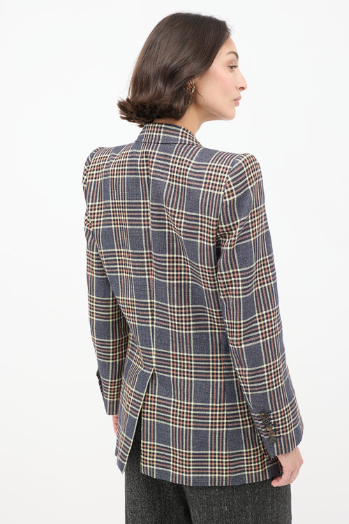 Gucci Blue 
Multicolour Linen Plaid Strong Shoulder Blazer