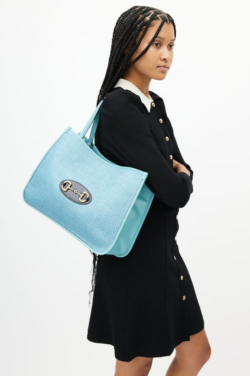 Gucci Blue Raffia 1955 Horsebit Tote