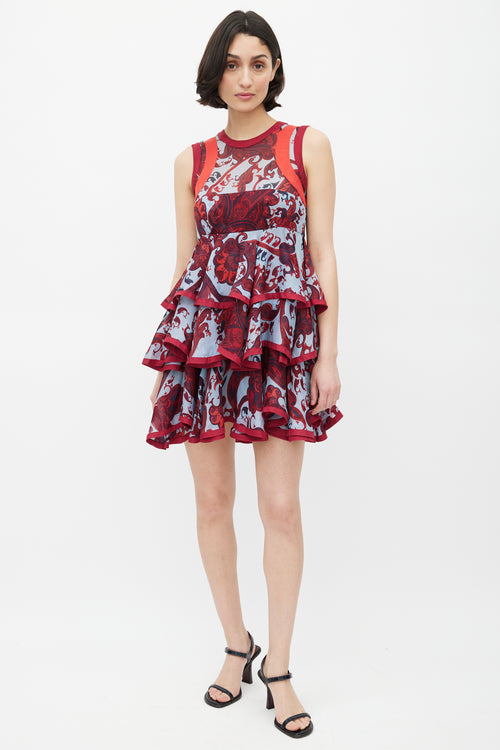 Gucci Blue 
Red Silk Paisley Tiered Dress