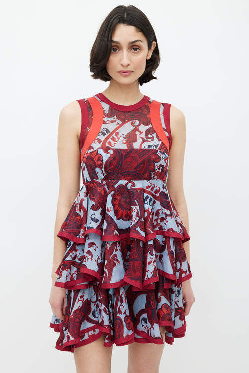 Gucci Blue 
Red Silk Paisley Tiered Dress