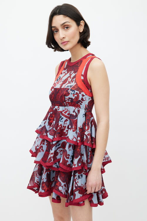 Gucci Blue 
Red Silk Paisley Tiered Dress