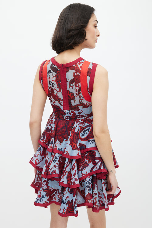 Gucci Blue 
Red Silk Paisley Tiered Dress