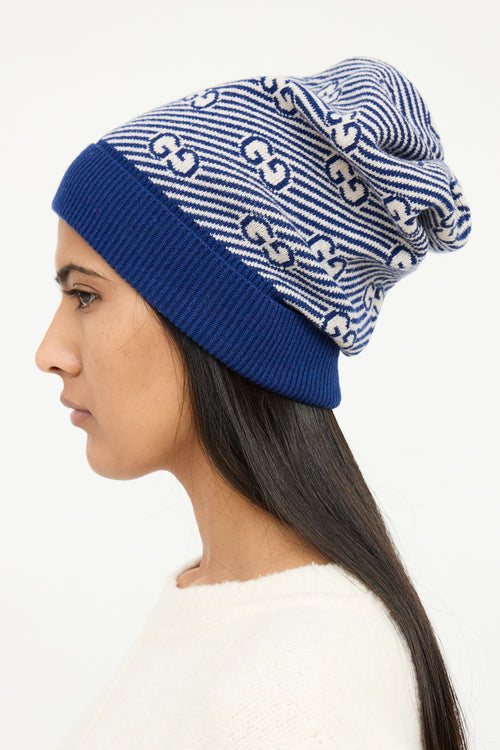 Gucci Blue 
Cream GG Stripe Knit Toque