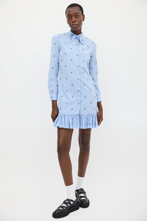 Gucci Blue 
White Striped Embroidered Shirt Dress