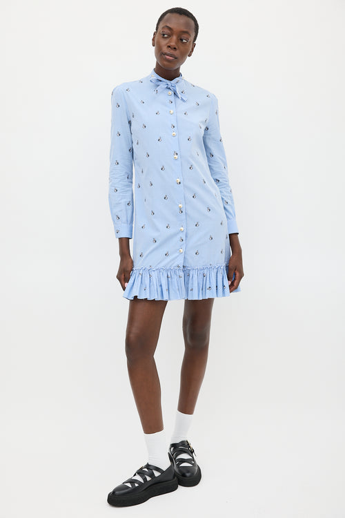 Gucci Blue 
White Striped Embroidered Shirt Dress