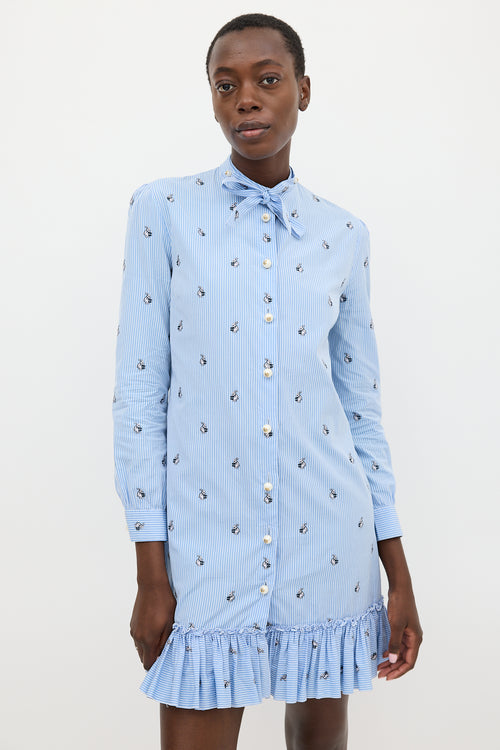 Gucci Blue 
White Striped Embroidered Shirt Dress