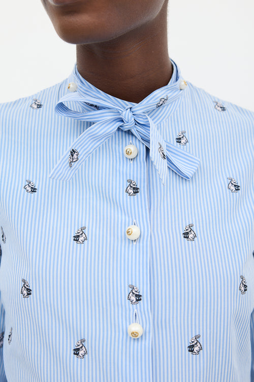 Gucci Blue 
White Striped Embroidered Shirt Dress