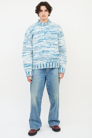 Gucci Blue 
White Wool Knit Zip Shoulder Sweater