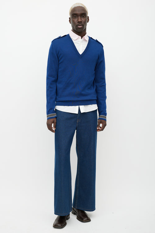 Gucci Blue Wool Knit Epaulette Sweater