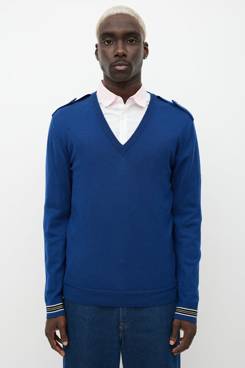 Gucci Blue Wool Knit Epaulette Sweater