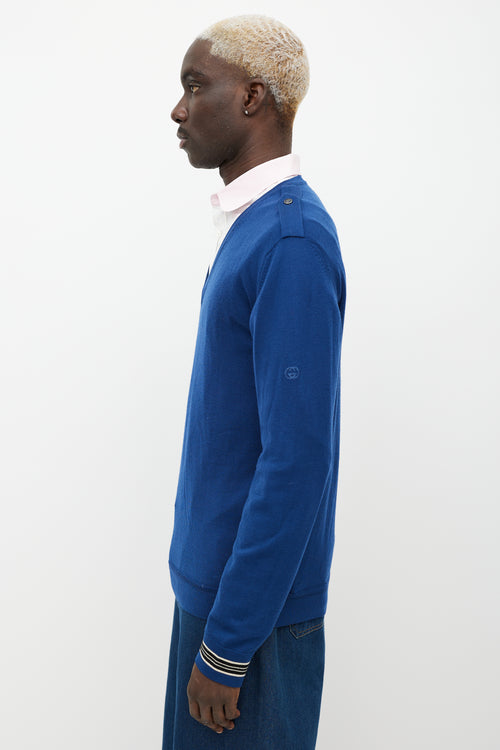 Gucci Blue Wool Knit Epaulette Sweater