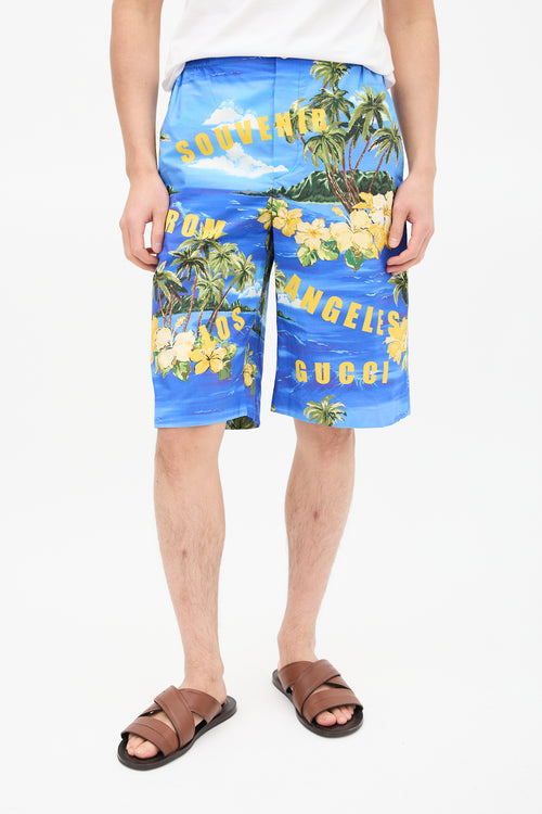 Gucci Blue 
Yellow Tropical Print Shorts