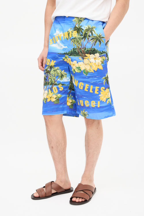 Gucci Blue 
Yellow Tropical Print Shorts