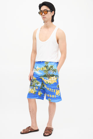 Gucci Blue 
Yellow Tropical Print Shorts