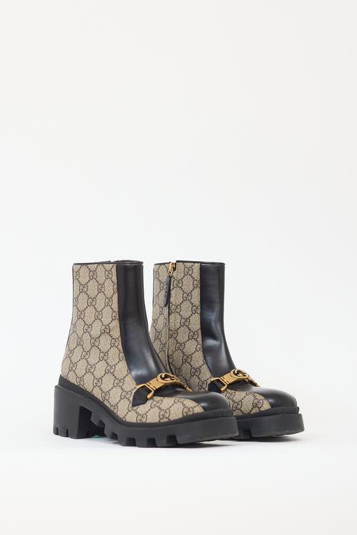 Gucci Black 
Beige Leather GG Monogram Boot