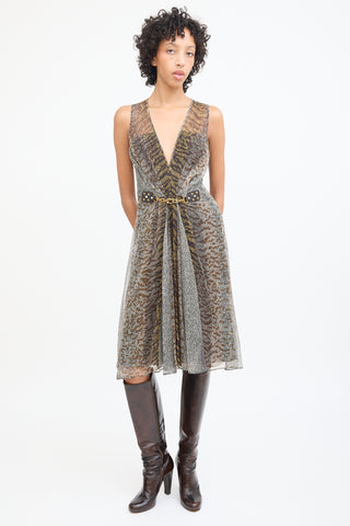 Gucci Brown 
Cream Silk Chain Link Dress