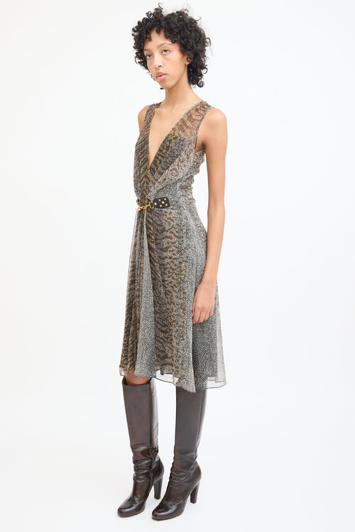 Gucci Brown 
Cream Silk Chain Link Dress