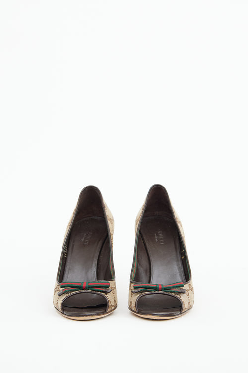 Gucci Brown GG Canvas Peep Toe Pump