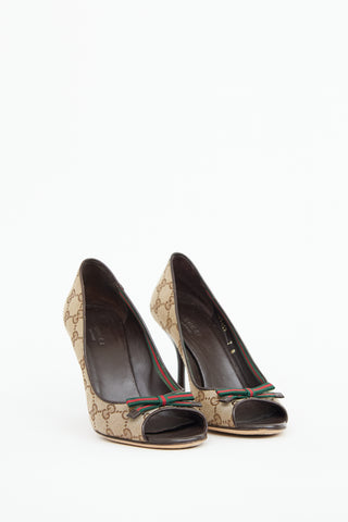 Gucci Brown GG Canvas Peep Toe Pump