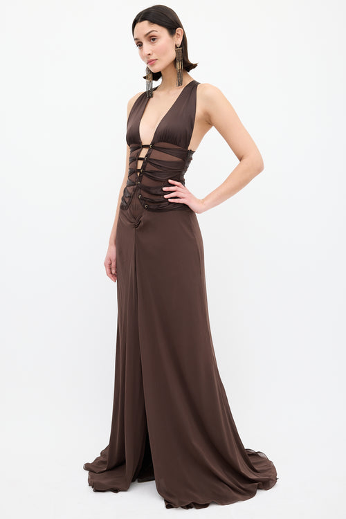 Gucci Brown Lace Up Split Gown