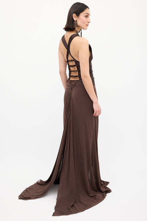 Gucci Brown Lace Up Split Gown