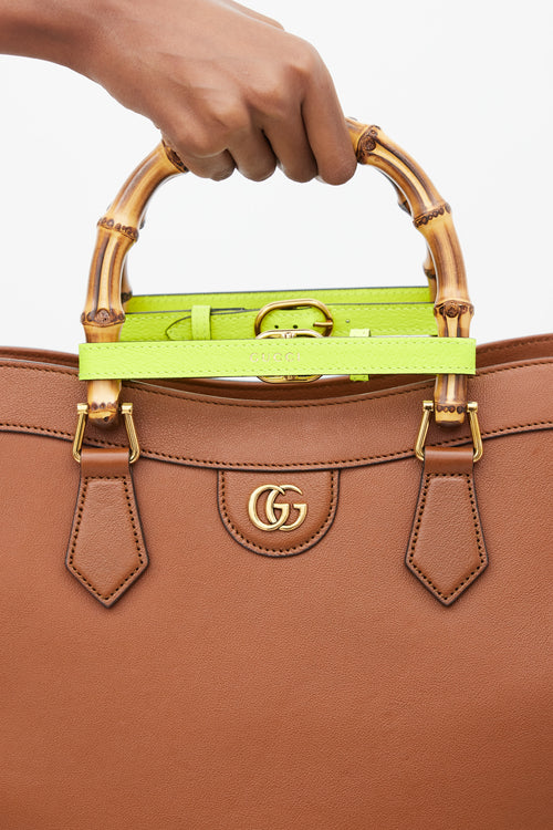 Gucci Brown 
Neon Yellow Leather Diana Bamboo Medium Bag