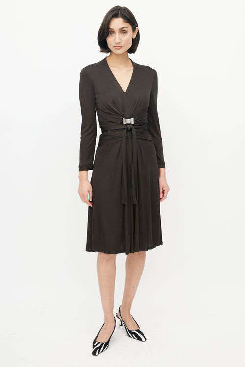 Gucci Brown Long Sleeve Gathered Tie Dress