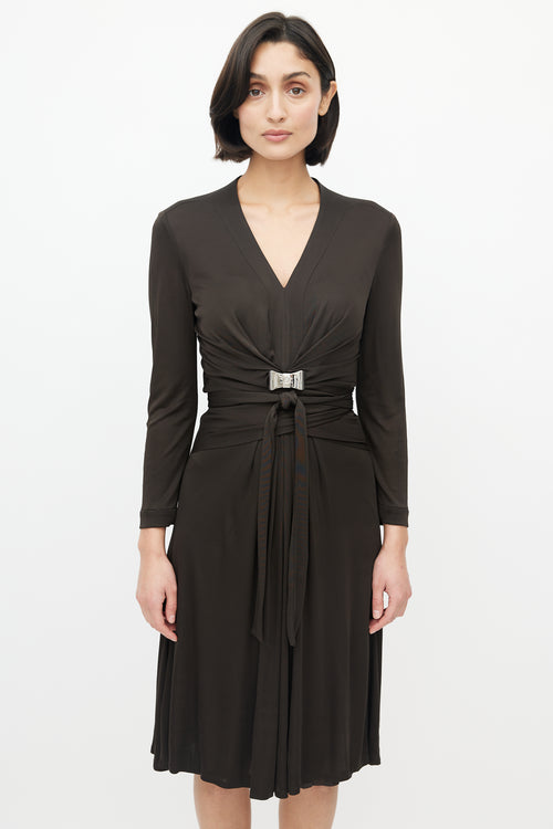 Gucci Brown Long Sleeve Gathered Tie Dress