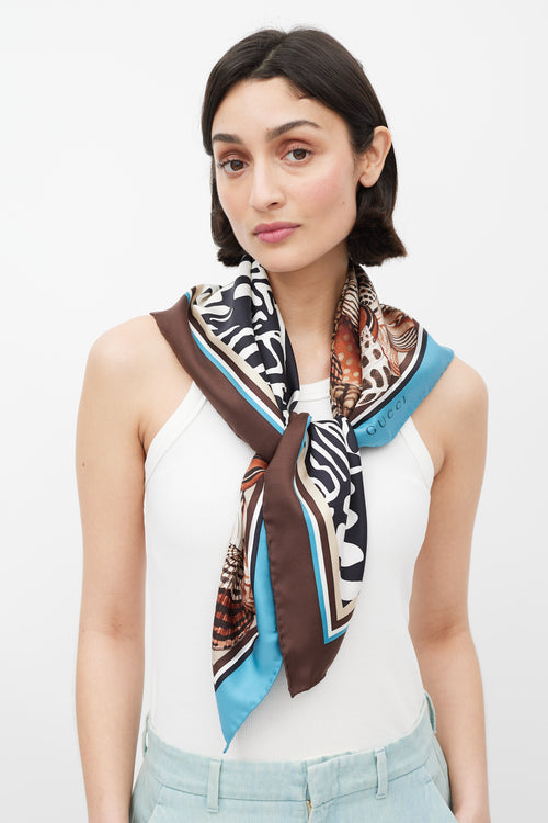 Gucci Brown 
Multi Shell Printed Silk Scarf