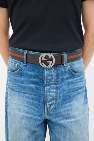 Gucci Brown 
Multicolour Leather Web Stripe Interlocking GG Belt