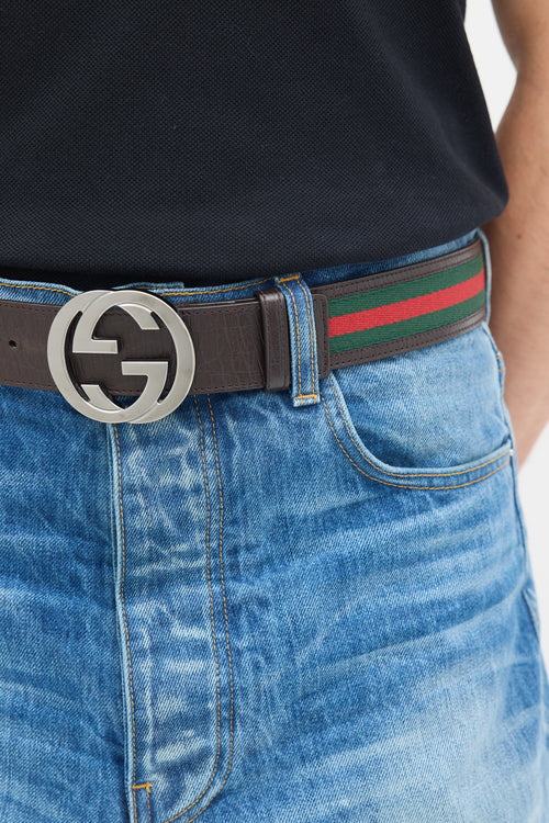 Gucci Brown 
Multicolour Leather Web Stripe Interlocking GG Belt