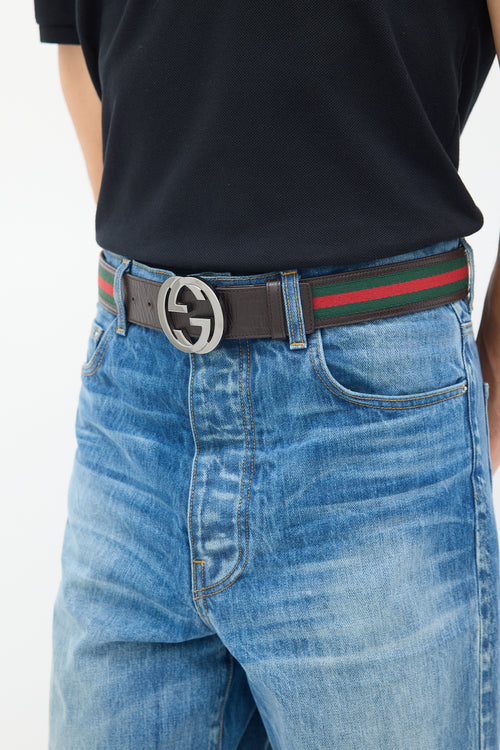 Gucci Brown 
Multicolour Leather Web Stripe Interlocking GG Belt