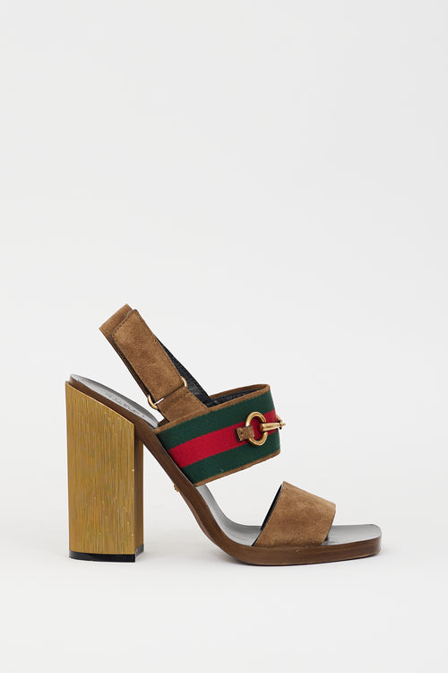 Gucci Brown 
Multicolour Suede Hardware Web Slingback Heel