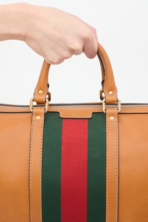 Gucci Brown Pebbled Leather Web Stripe Boston Bag