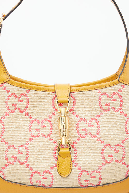 Gucci Brown 
Pink GG Monogram Raffia Jackie 1961 Small Bag