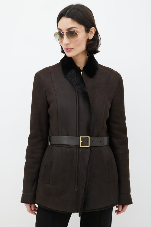 Gucci Brown Shearling Belted Coat