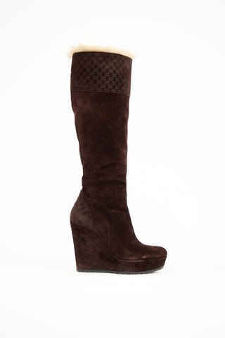 Gucci Brown Suede Courtney Microguccissima Wedge Boot