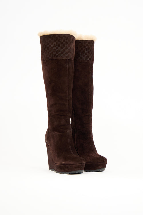 Gucci Brown Suede Courtney Microguccissima Wedge Boot