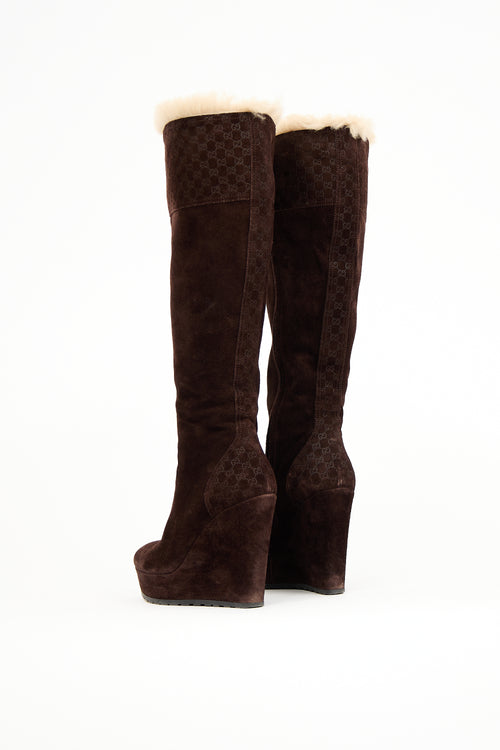 Gucci Brown Suede Courtney Microguccissima Wedge Boot