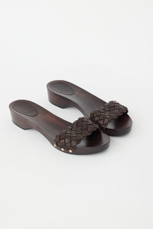 Gucci Brown Braided Leather 
Wooden Sandal