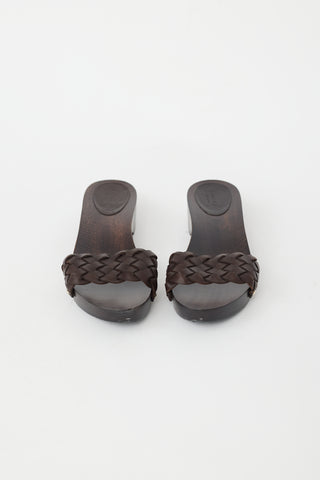 Gucci Brown Braided Leather 
Wooden Sandal