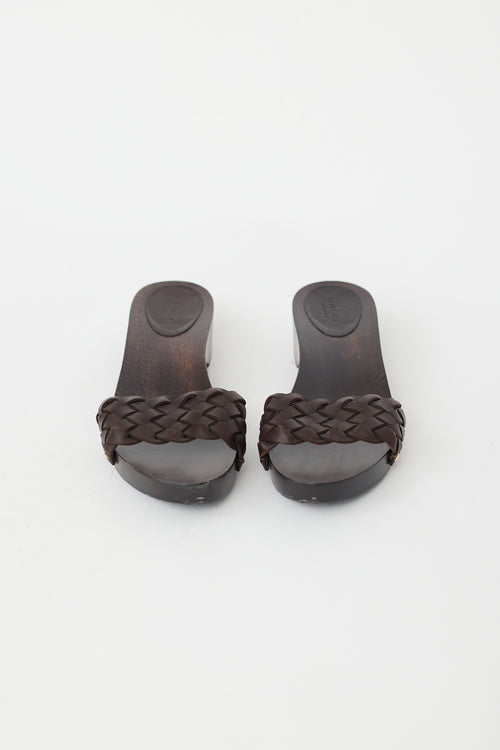 Gucci Brown Braided Leather 
Wooden Sandal