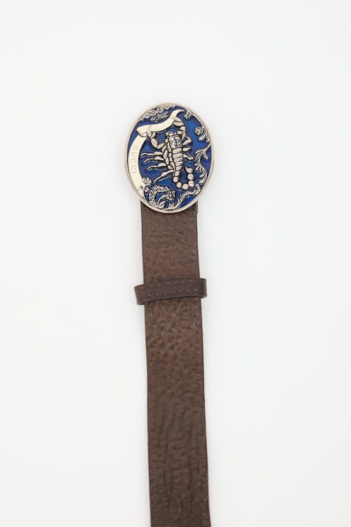 Gucci Brown Leather 
Blue Plate Buckle Belt