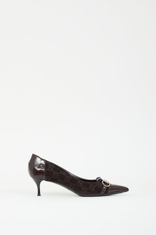 Gucci Brown Suede 
Patent GG Pointed Toe Pump