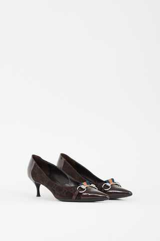 Gucci Brown Suede 
Patent GG Pointed Toe Pump